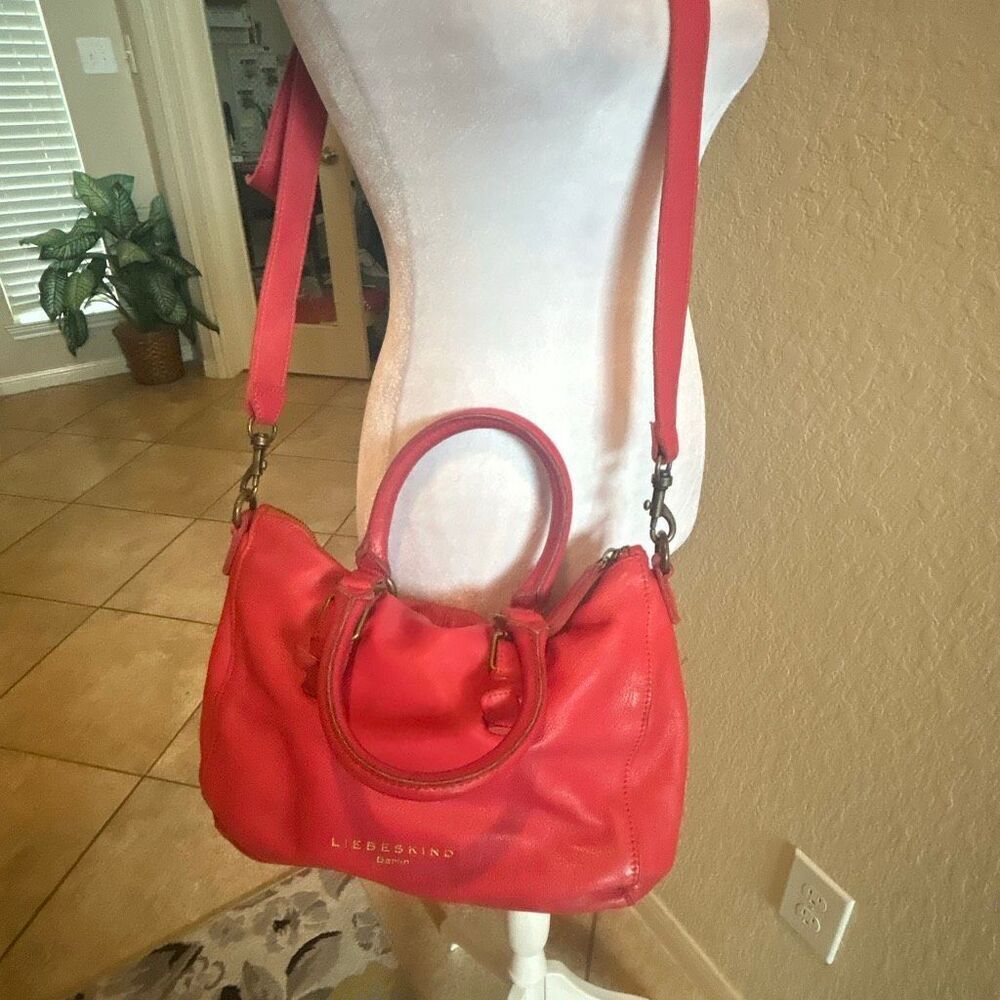 Liebeskind Berlin Satchel Handbag Raspberry Red Leather Top Handle Two Way Purse - Picture 4 of 14